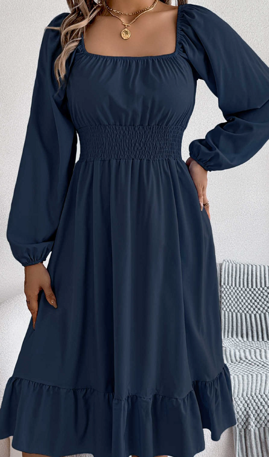 Square Neck Puff Sleeve Midi NAVY