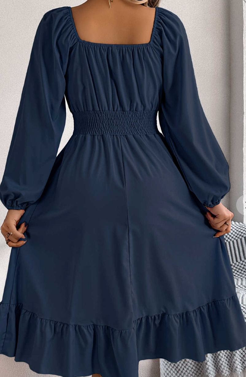 Square Neck Puff Sleeve Midi NAVY