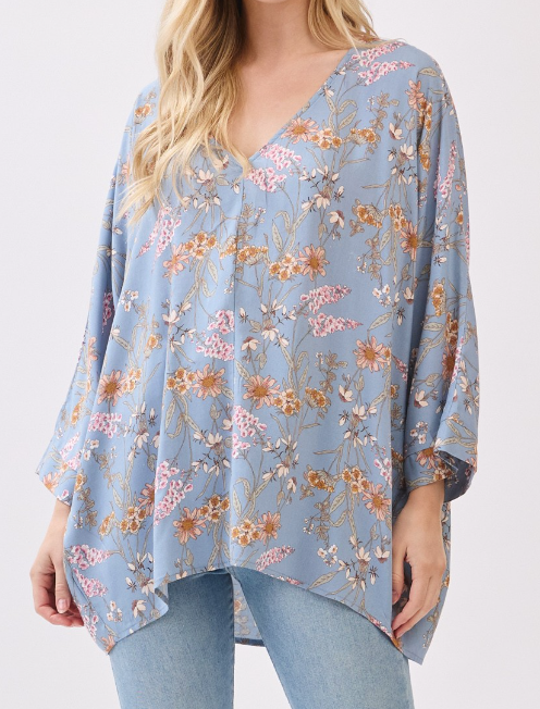Floral V~neck Oversized Blouse BLUE