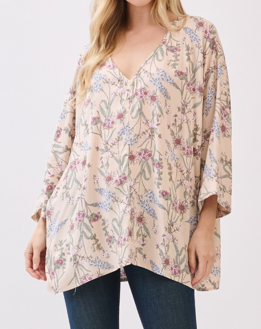 Floral V~neck Oversized Blouse BEIGE
