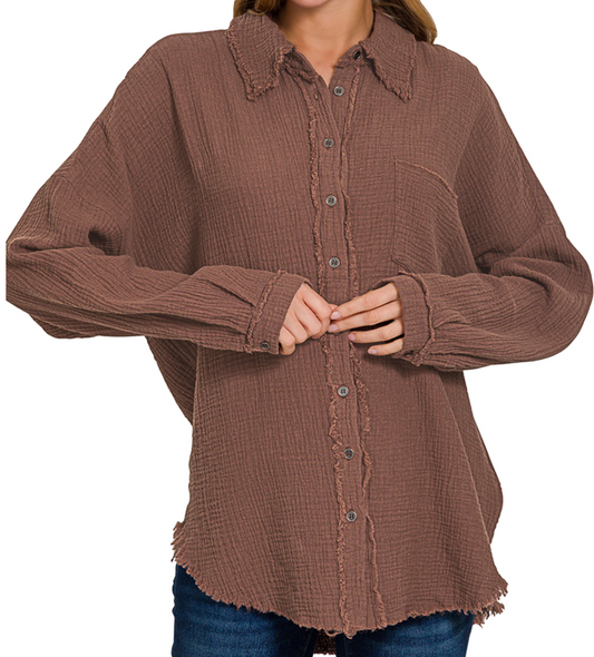 Gauze Oversized Raw Edge BROWN