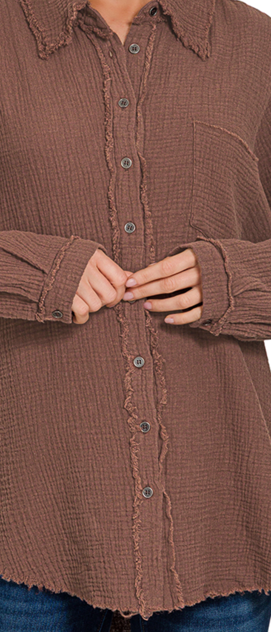 Gauze Oversized Raw Edge BROWN
