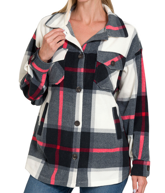 Plaid Fleece Shacket BLACK