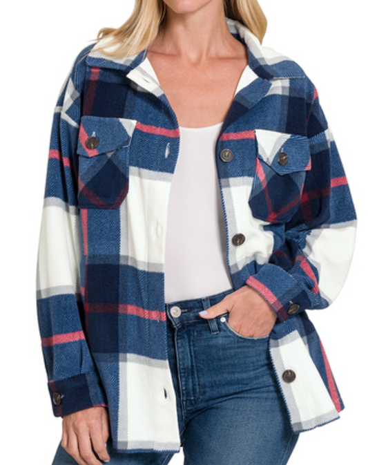 Plaid Fleece Shacket NAVY