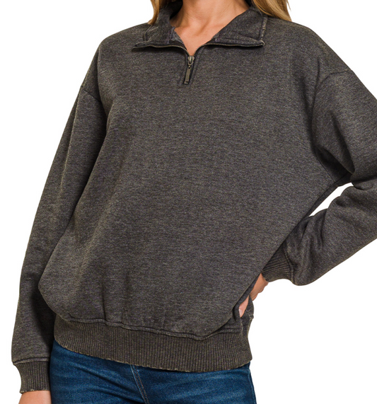 1/4 Zip Acid Wash Pullover BLACK