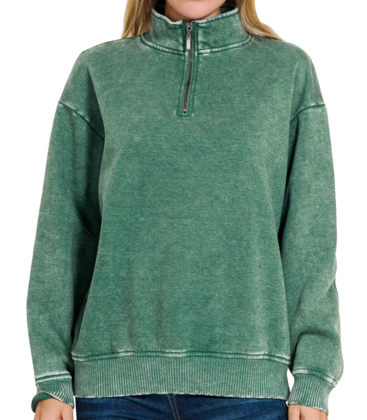 1/4 Zip Acid Wash Pullover DK GREEN