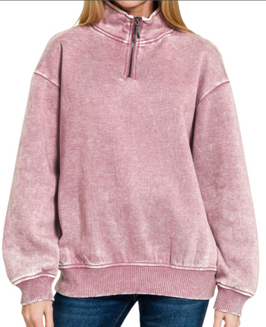 1/4 Zip Acid Wash Pullover ROSE