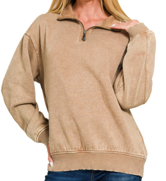 1/4 Zip Acid Wash Pullover CAMEL
