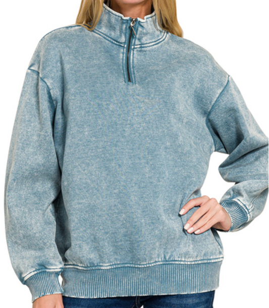 1/4 Zip Acid Wash Pullover BLUE