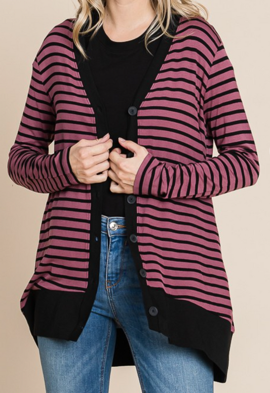 Stripe Button Down Cardi RED BEAN