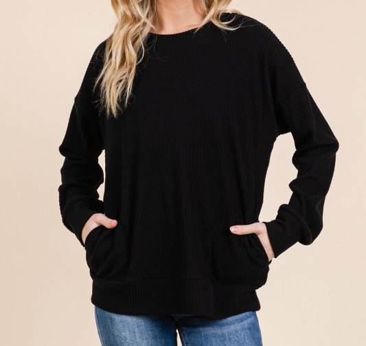 Cozy Ribbed Knit Sweater BLACK