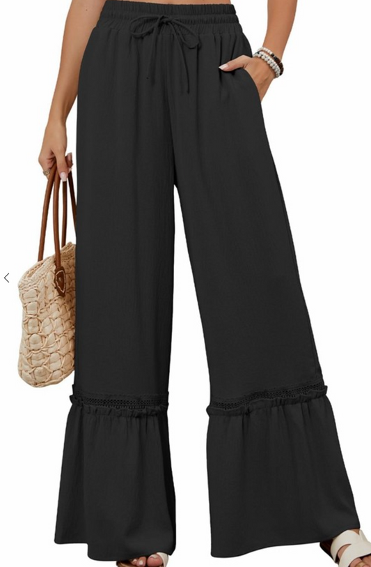 Boho Drawstring Flare Pants BLACK