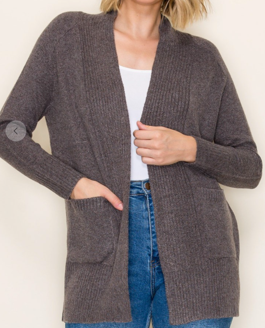 Sweater Cardi Ribbed Edging BROWN