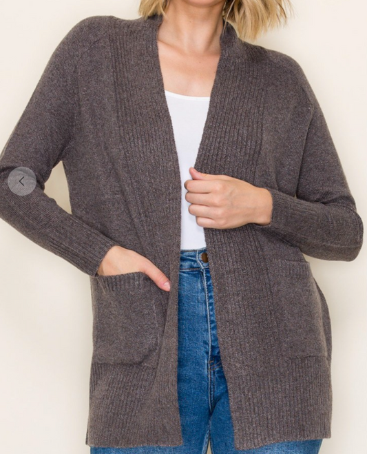 Sweater Cardi Ribbed Edging BROWN