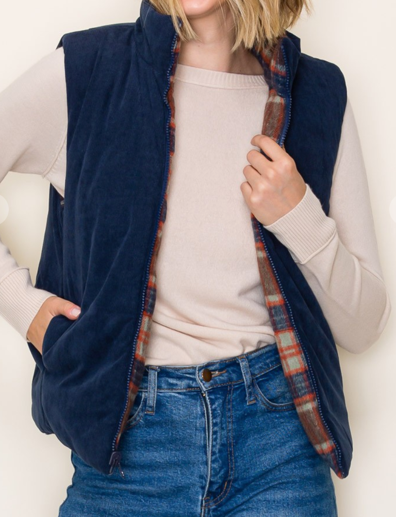 Reversible Plaid/Corduroy Vest NAVY
