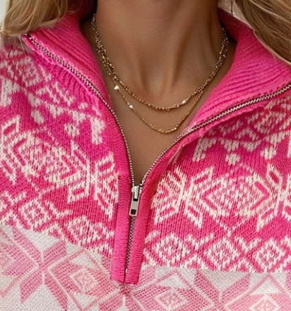 Geo Snowflake 1/4 Zip Sweater PINK