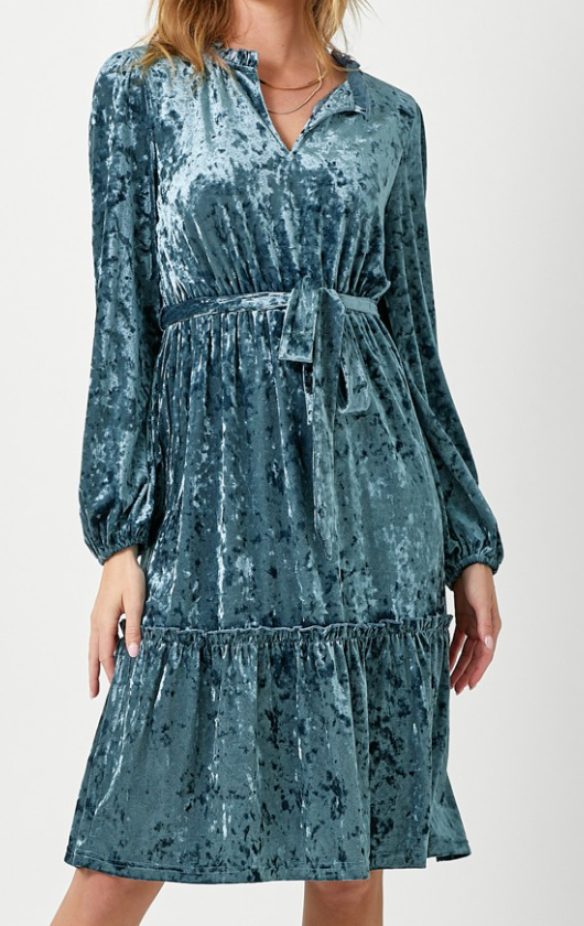 Crushed Velvet Tiered Midi Dress OCEAN