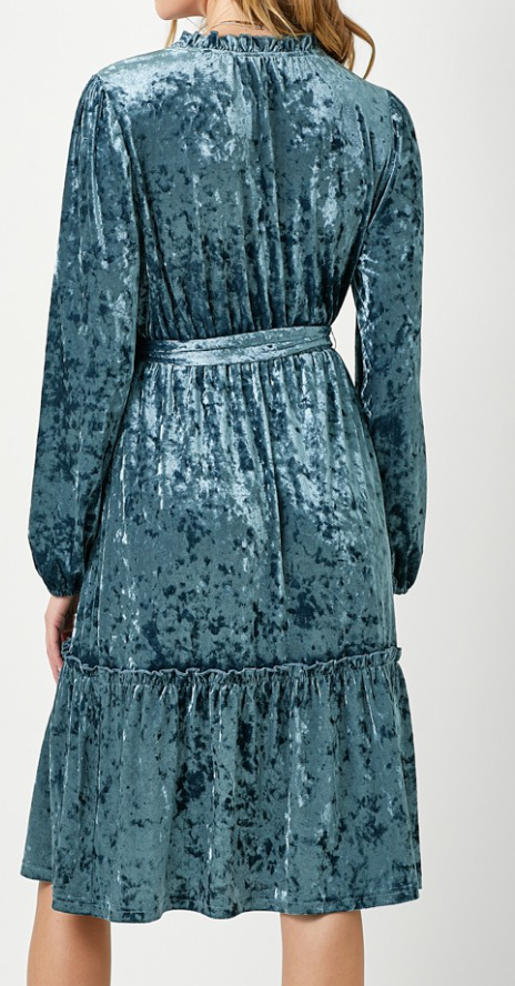 Crushed Velvet Tiered Midi Dress OCEAN