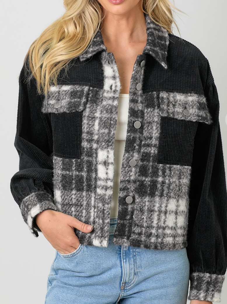 Mixed Media Cropped Shacket B&W