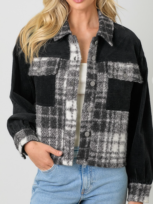 Mixed Media Cropped Shacket B&W