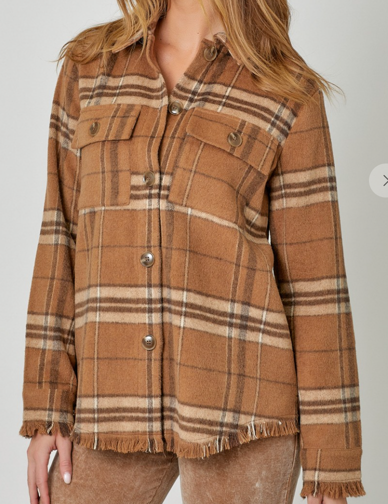 Fringe Detailed Plaid Shacket BROWN