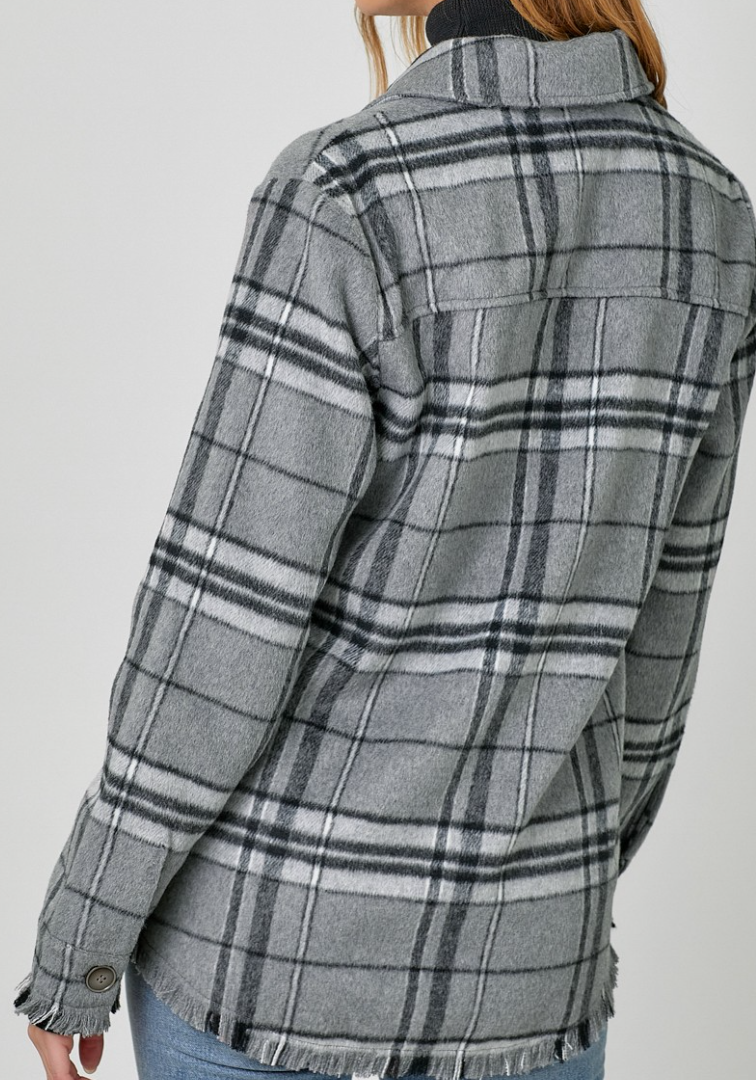 Fringe Detailed Plaid Shacket B&W