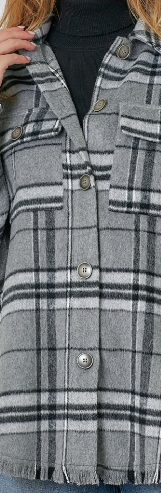 Fringe Detailed Plaid Shacket B&W