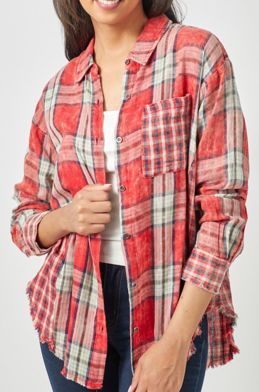Frayed Plaid Oversized RED