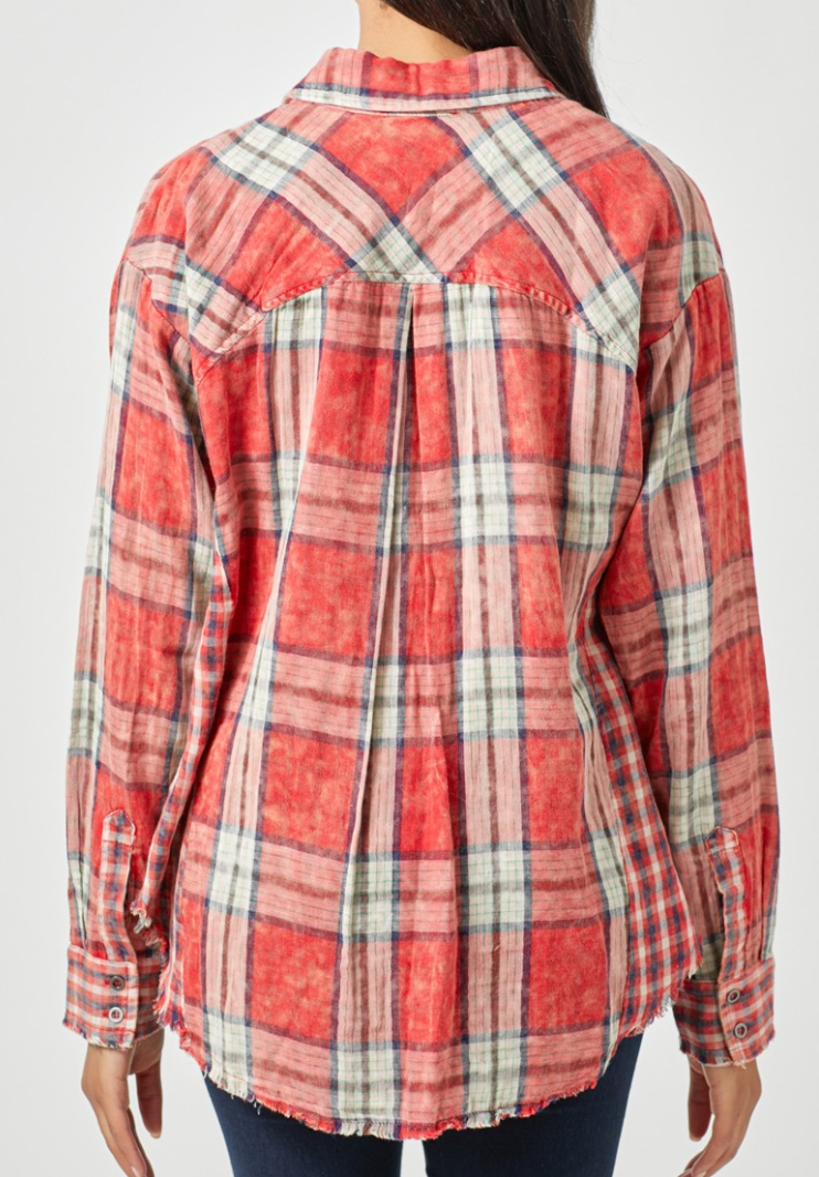 Frayed Plaid Oversized RED