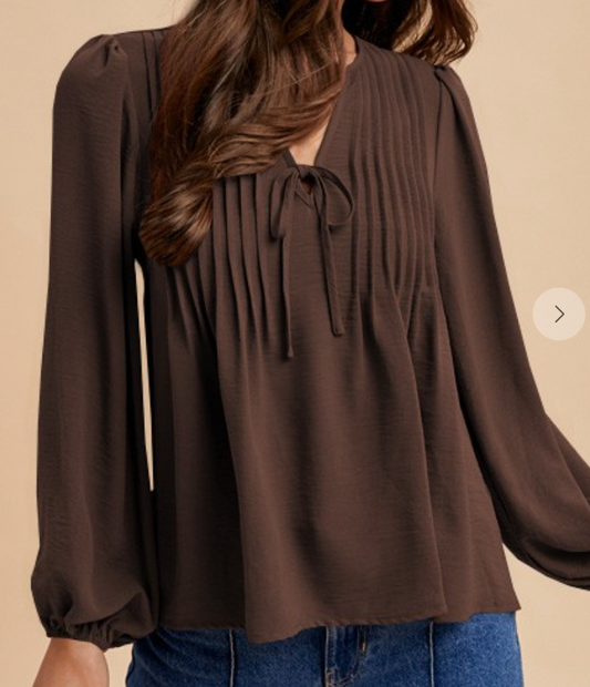 Pintuck Detail V~Neck Blouse BROWN