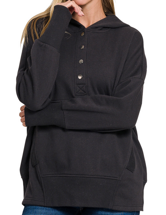Fleece 1/2 Snap Hooded Sweatshirt BLACK