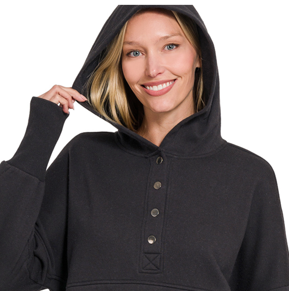 Fleece 1/2 Snap Hooded Sweatshirt BLACK