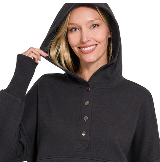 Fleece 1/2 Snap Hooded Sweatshirt BLACK