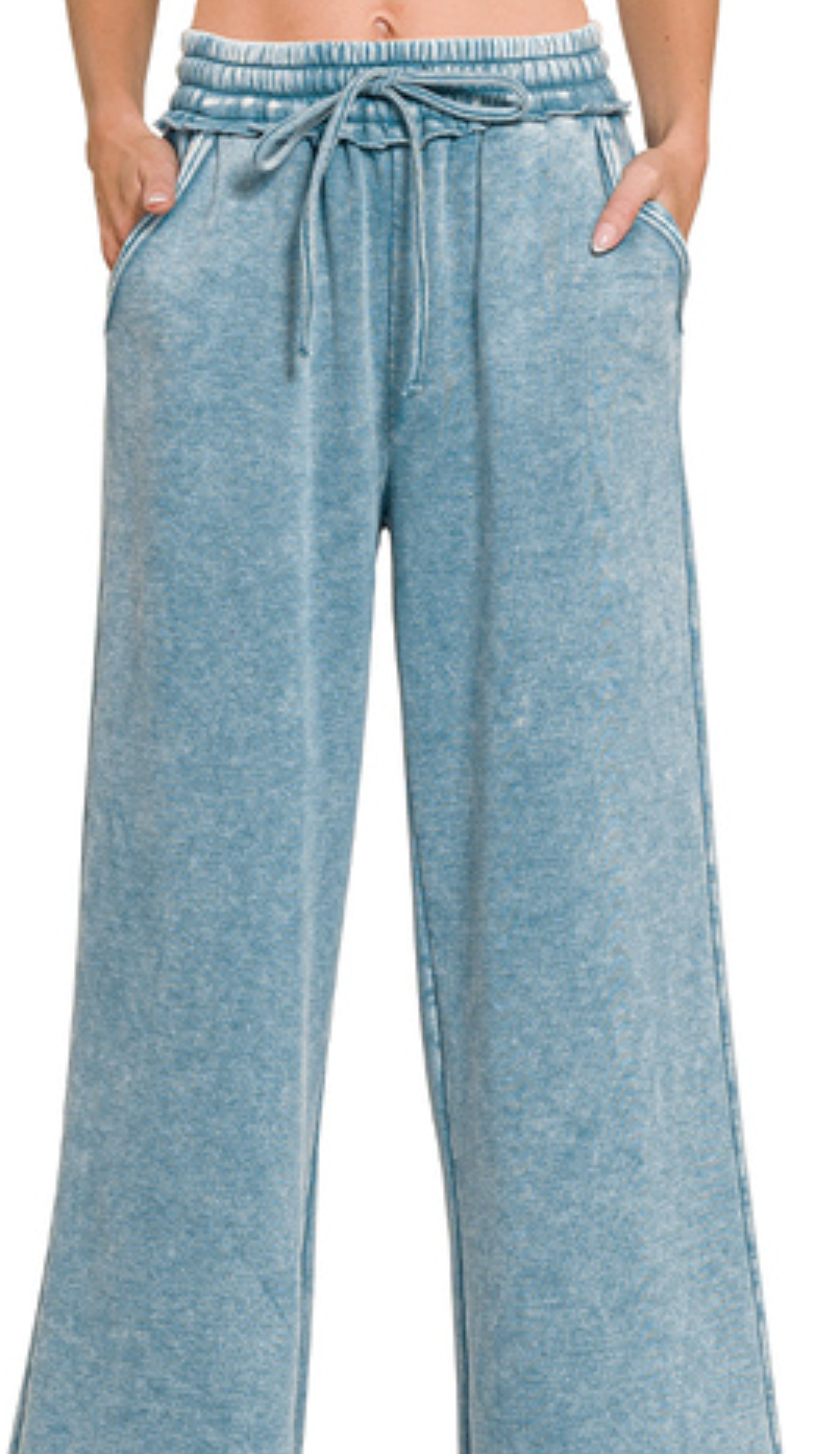Acid Wash Palazzo Pants 30" BLUE GRAY