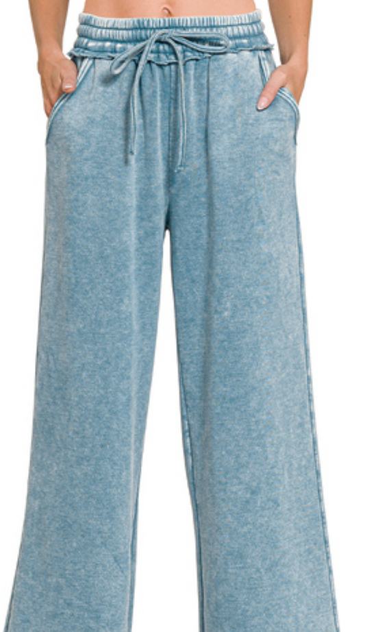 Acid Wash Palazzo Pants 30" BLUE GRAY