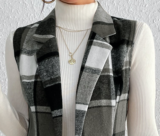 Long Line Placket Plaid Vest BLACK