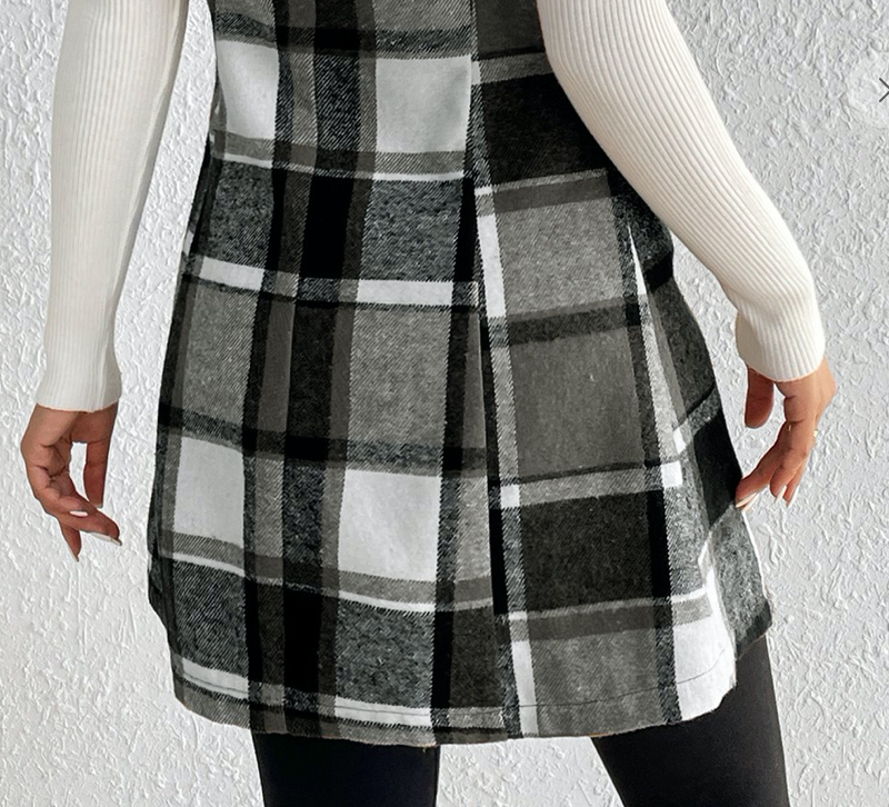 Long Line Placket Plaid Vest BLACK