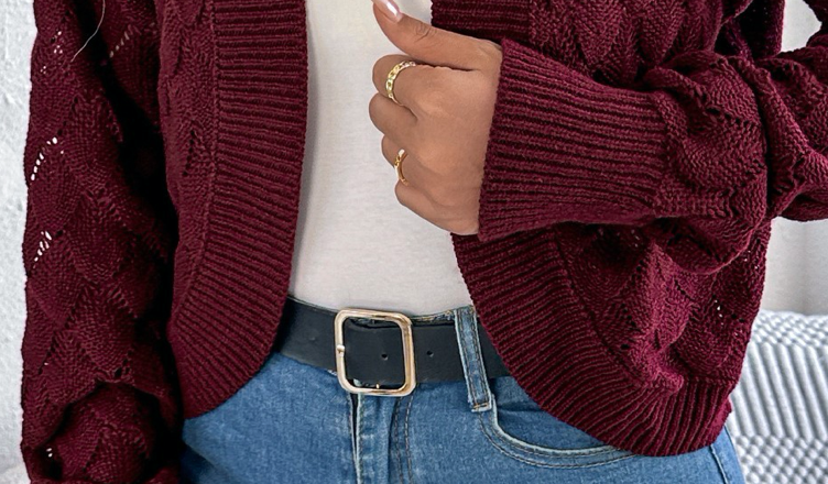 Cropped Pointelle Knit Cardi WINE