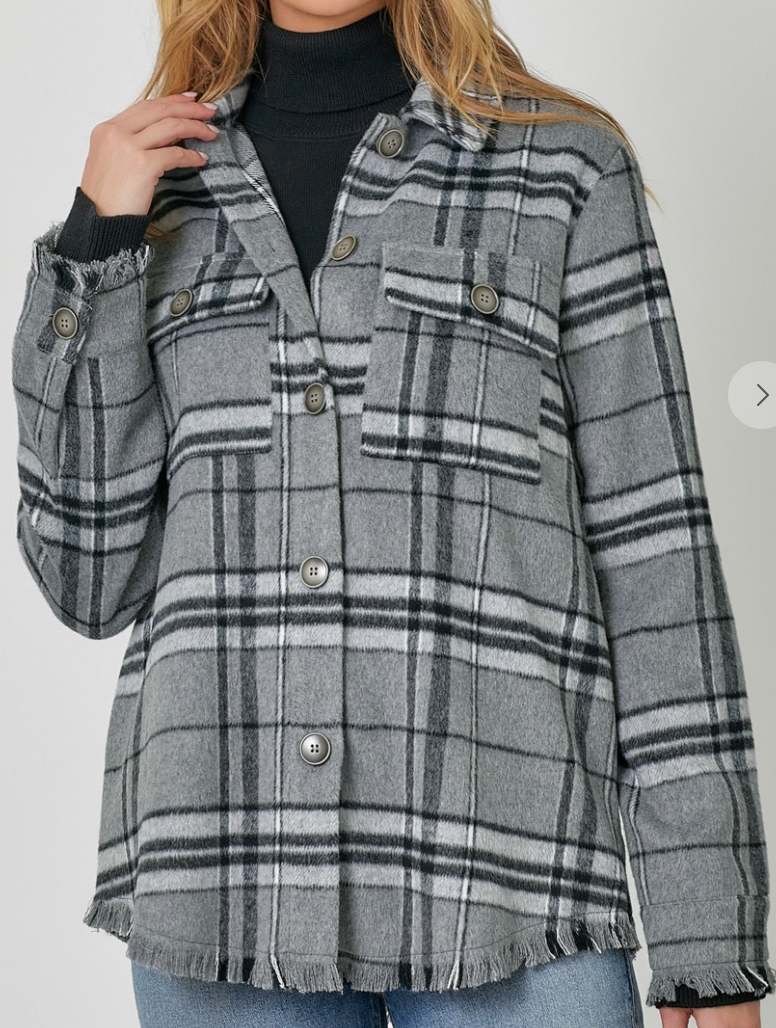 Fringe Detailed Plaid Shacket B&W