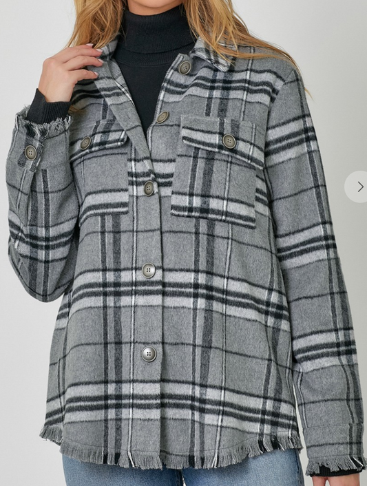 Fringe Detailed Plaid Shacket B&W
