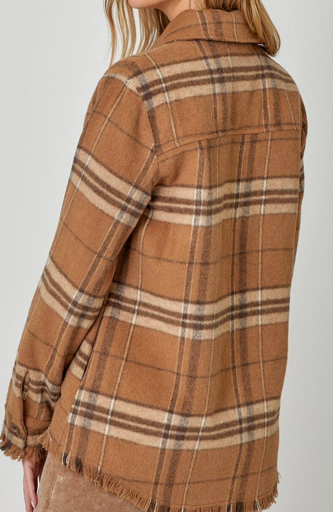 Fringe Detailed Plaid Shacket BROWN