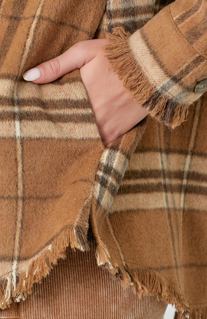 Fringe Detailed Plaid Shacket BROWN
