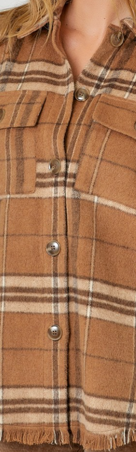 Fringe Detailed Plaid Shacket BROWN