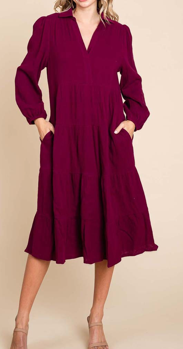 Double Gauze Layered Midi Dress WINE