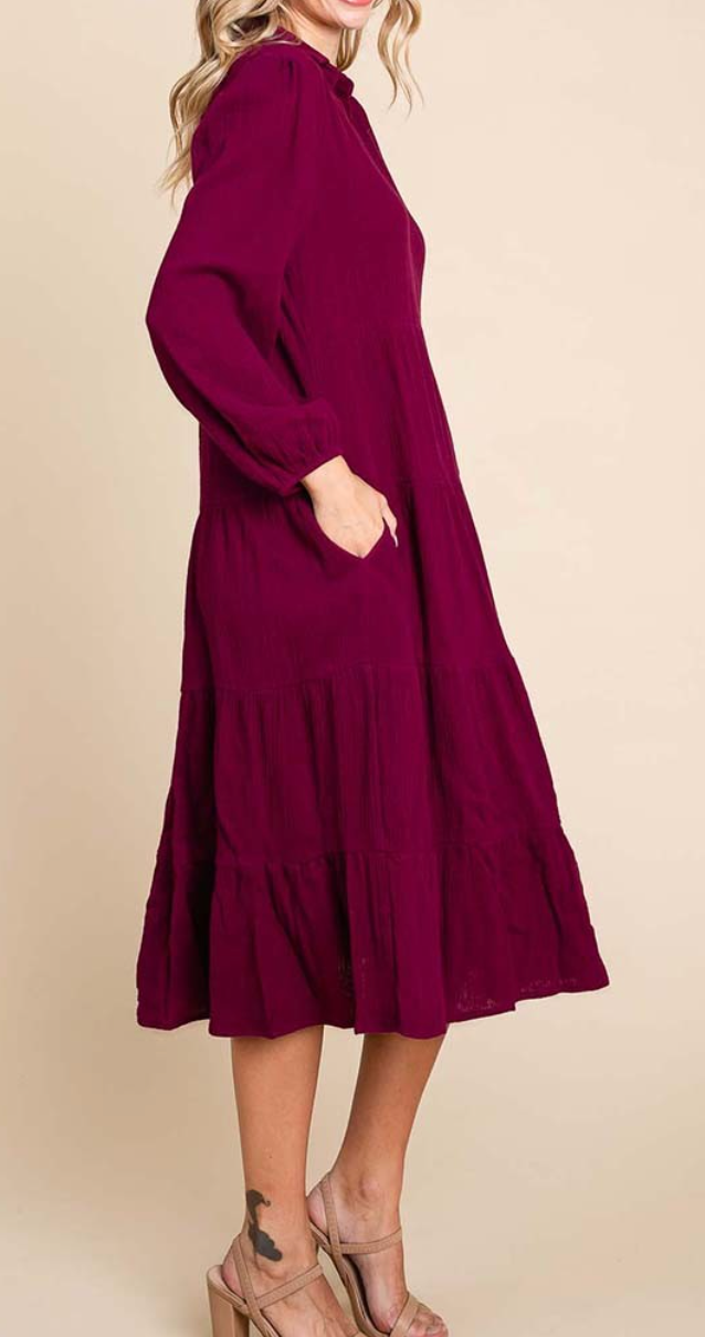 Double Gauze Layered Midi Dress WINE