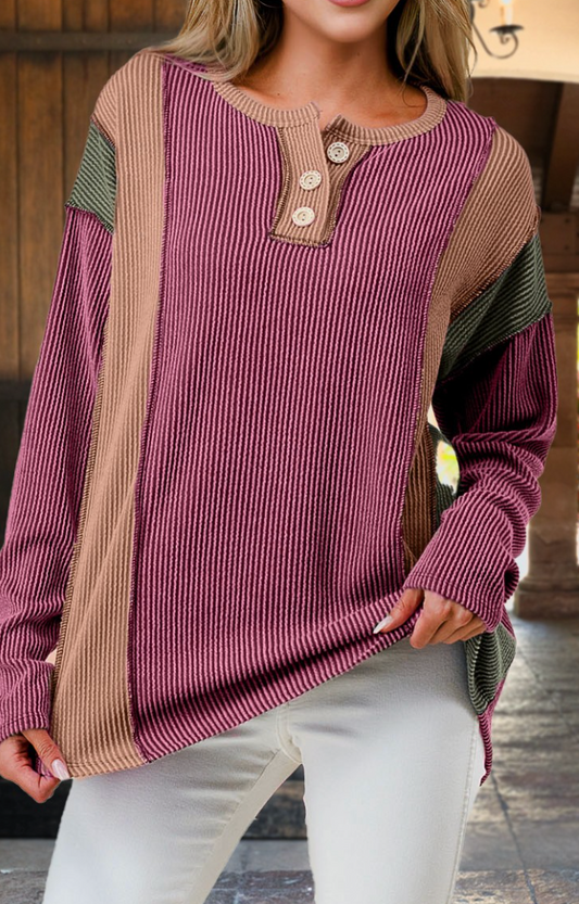 Rib Henley Color Block MARSALA