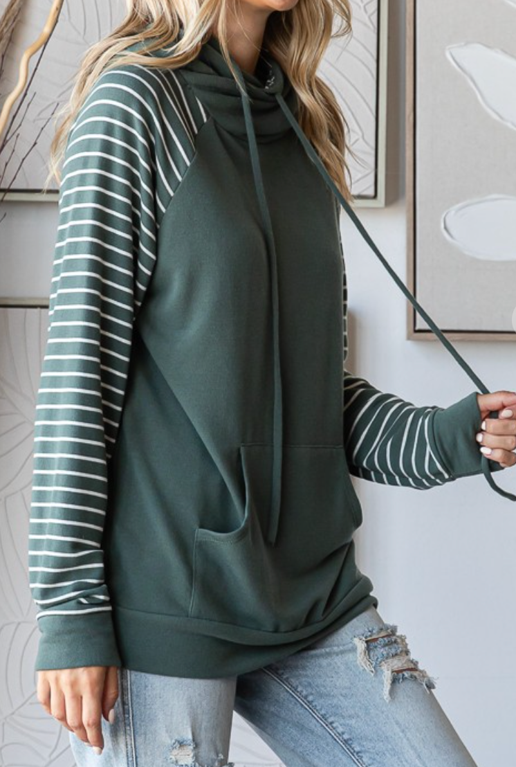 Jeanie Solid/Stripe Hoodie OLIVE