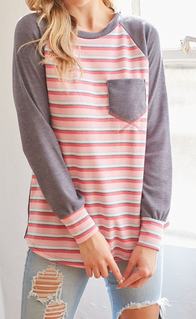 Ella Striped & Waffle Top PINK