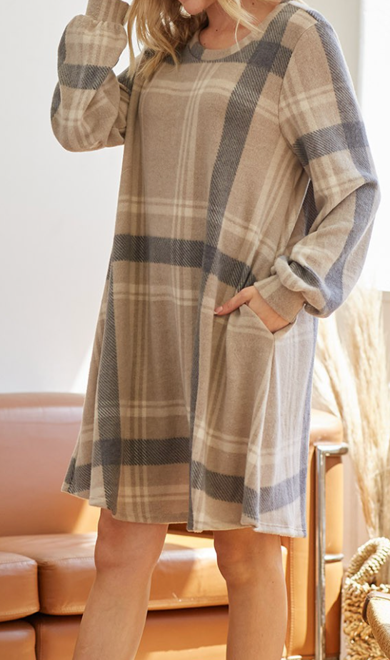 Staci Pocketed Plaid Dress TAUPE