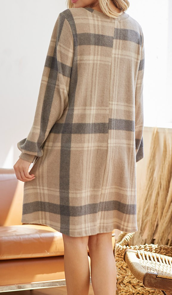 Staci Pocketed Plaid Dress TAUPE